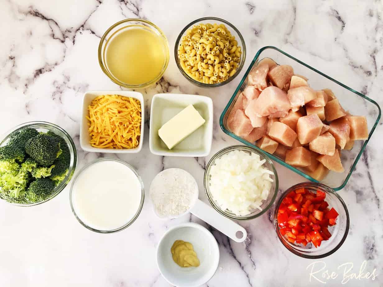 gathered in ingredients for mac and cheese chicken soup