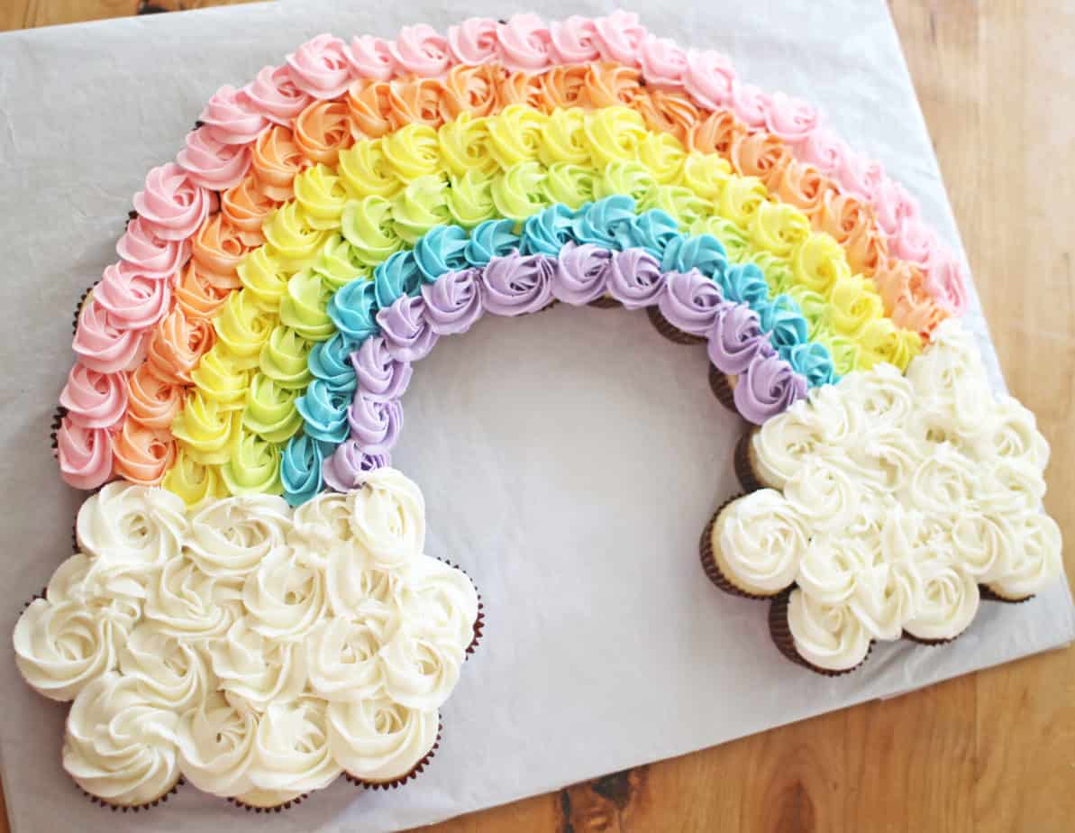 rainbow cupcake pullapart cake on white serving trays