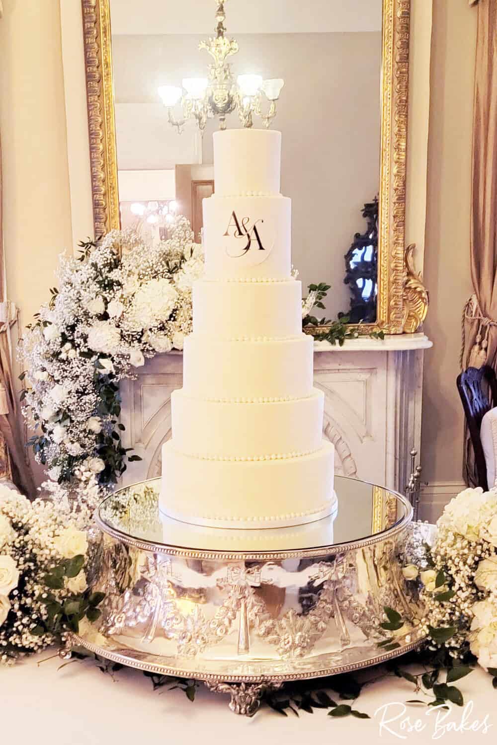 Simple Buttercream Wedding Cake with Black Monogram