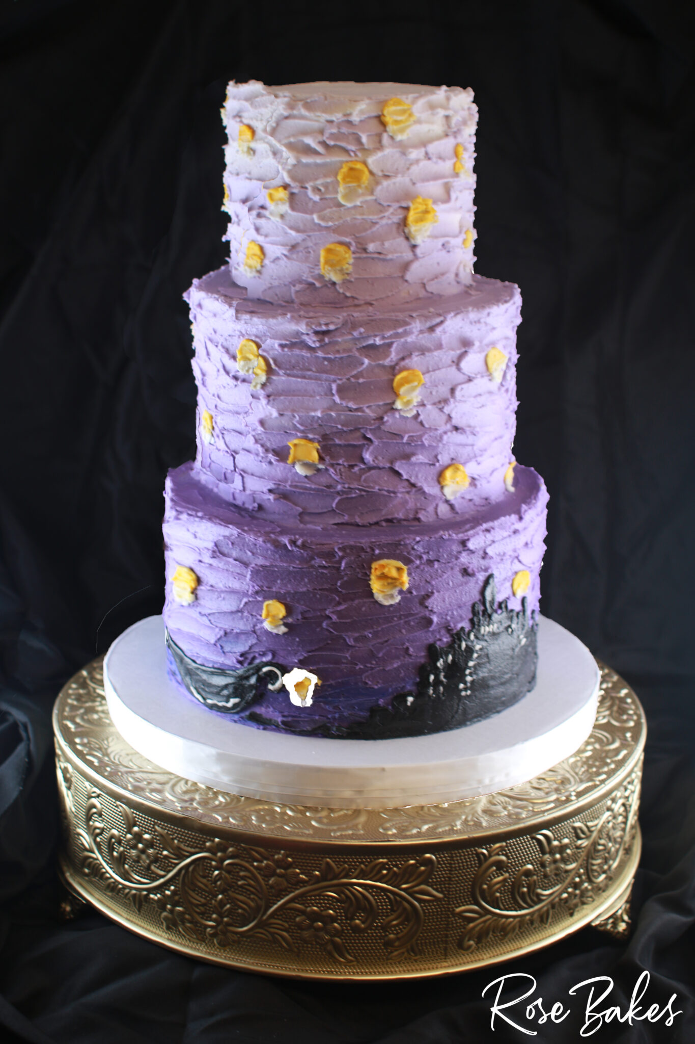 Tangled-Rapunzel-Purple-Buttercream-Wedding-Cake-on-Black