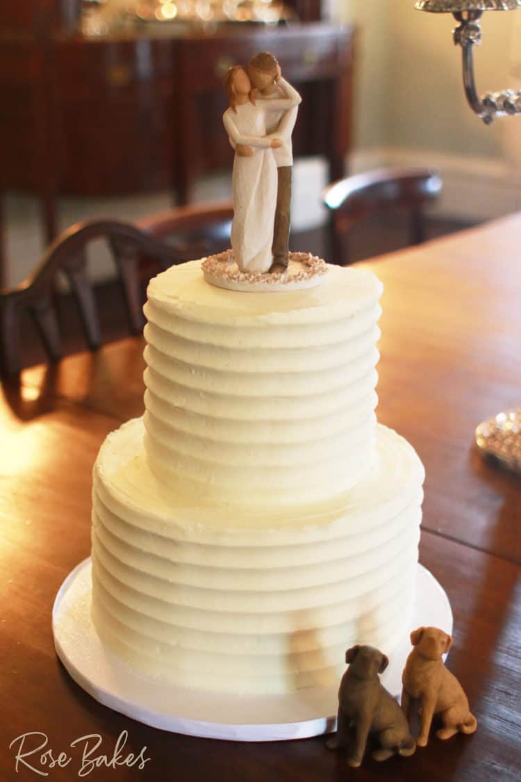 Textured Lines Wedding Cake with Willow Tree Topper and Dogs