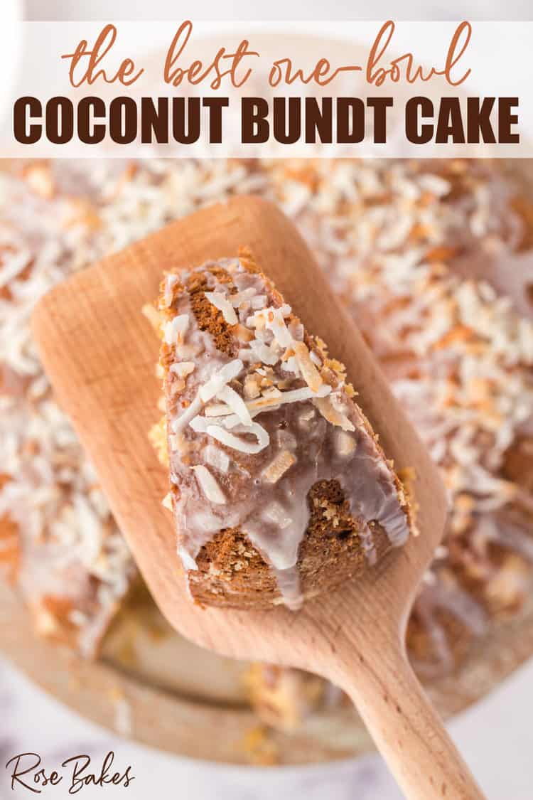Slice of the best one bowl coconut bundt cake on a wooden spatula