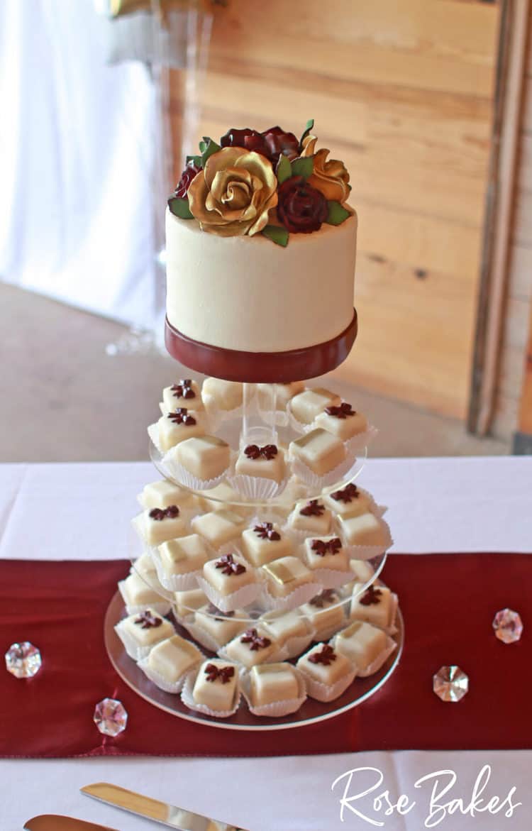 Wedding Cake and Petit Four Tower Gold Maroon