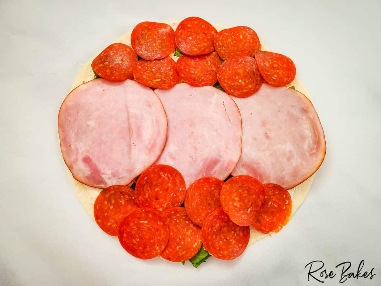 pepperoni slices on tortilla