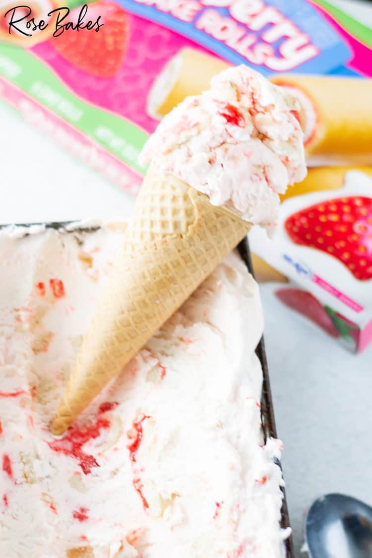 Little Debbie Strawberry Shortcake Rolls Ice Cream Recipe in sugar ice cream cone