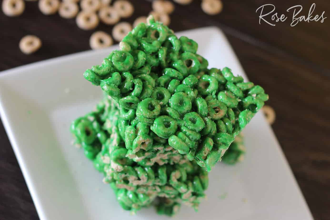 Cheerios Cereal Bars for St. Patrick's Day on white square plate 