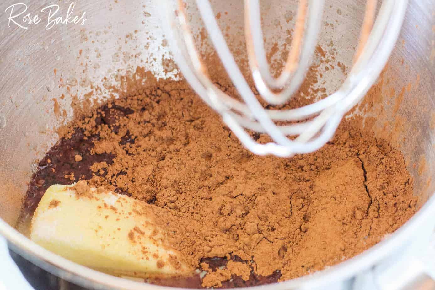  sugar, butter, cocoa, and water to a large mixing bowl.