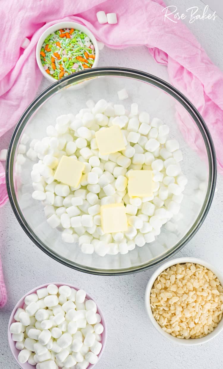 marshmallows and butter in bowl before heating 