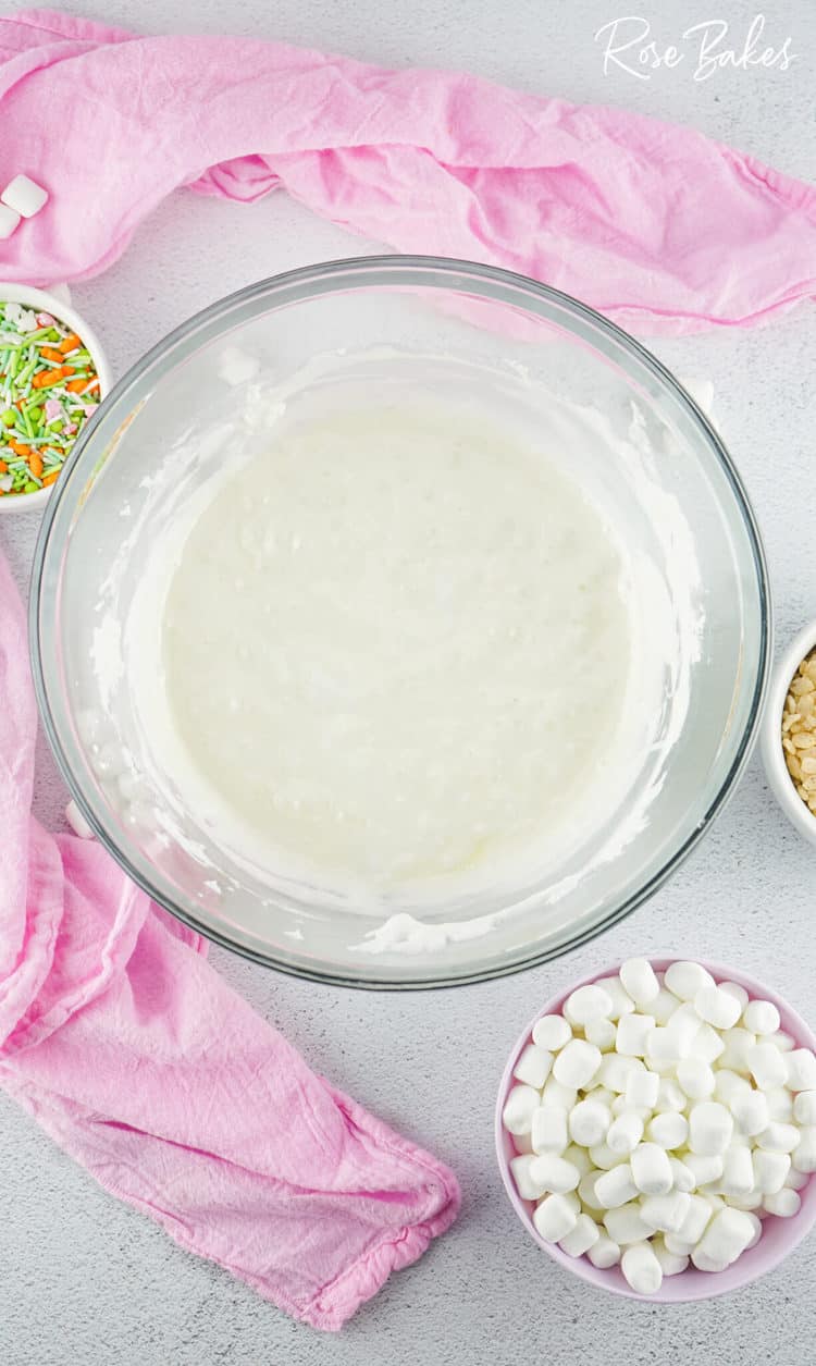 melted butter and marshmallows in bowl 