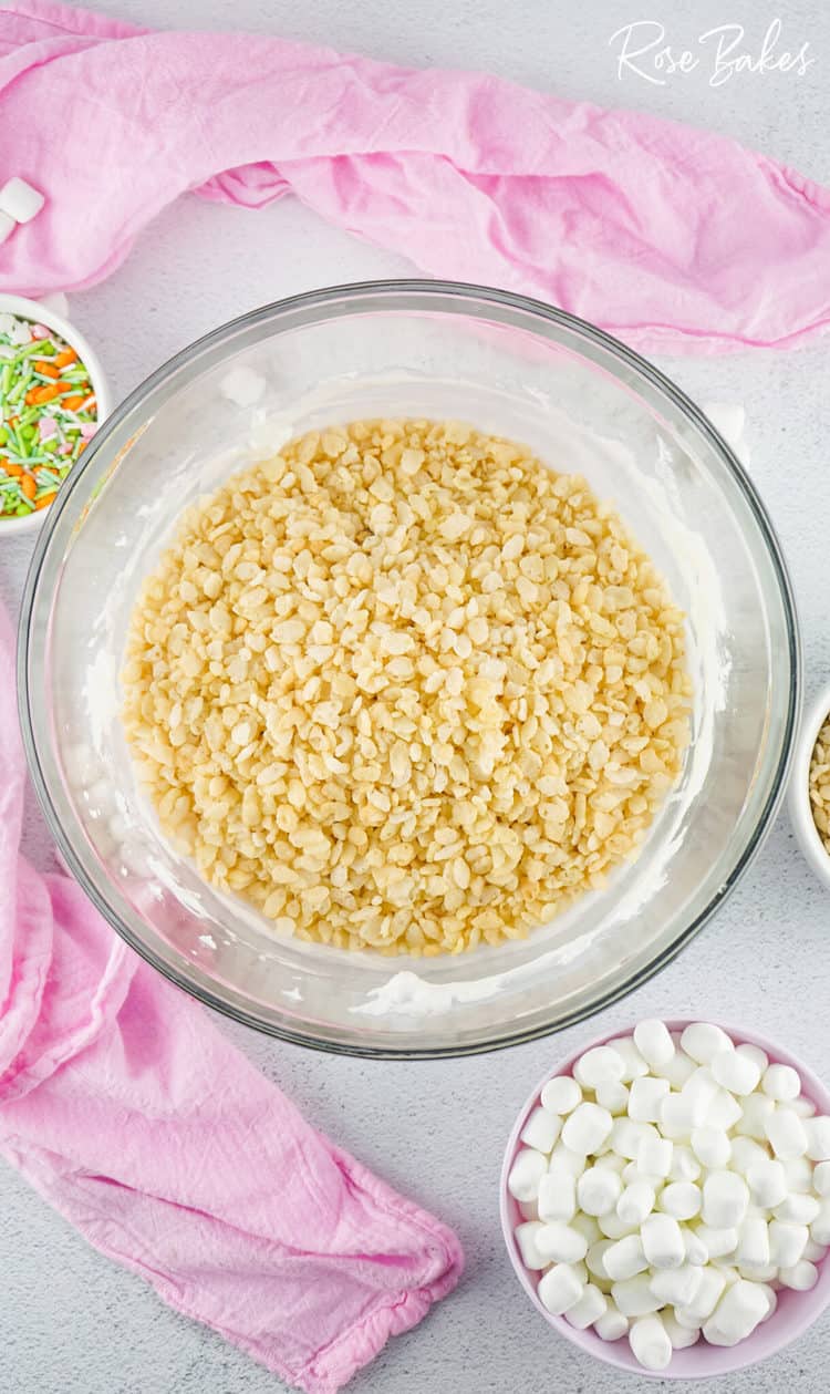 dry rice krispies added to melted mixture 