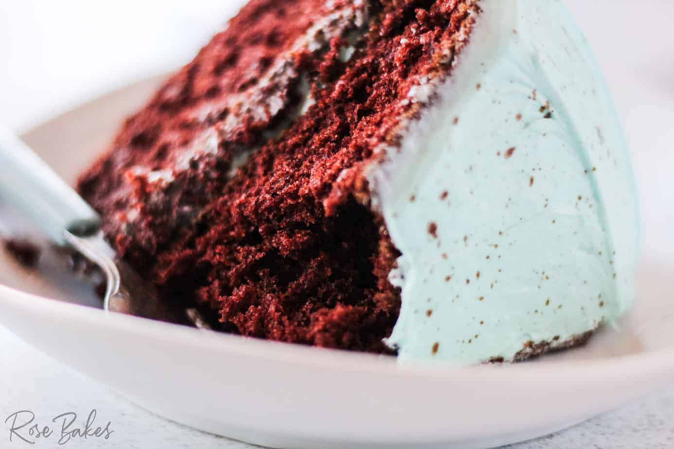 Homemade Robin Egg Chocolate Cake slice on white small cake plate 
