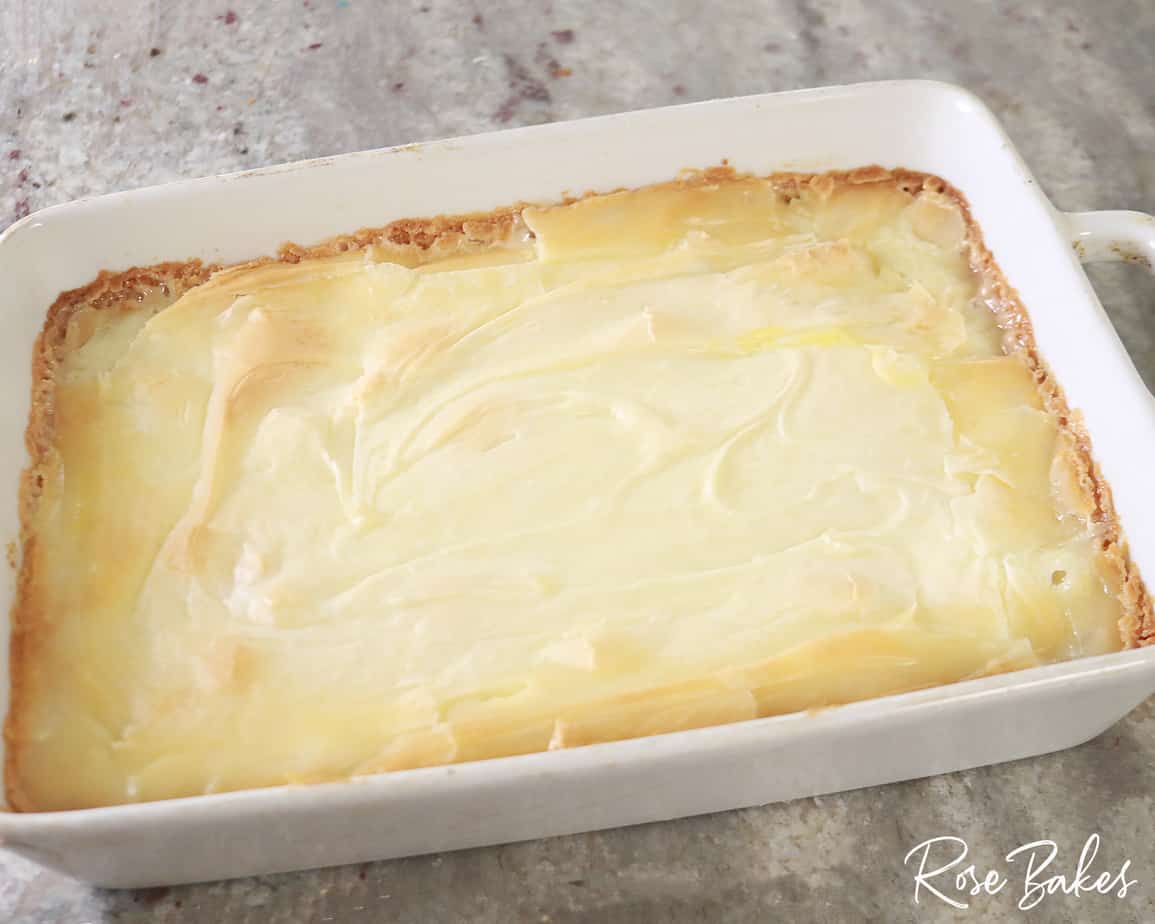 completed covered crusts being shown in pan after cooking in oven
