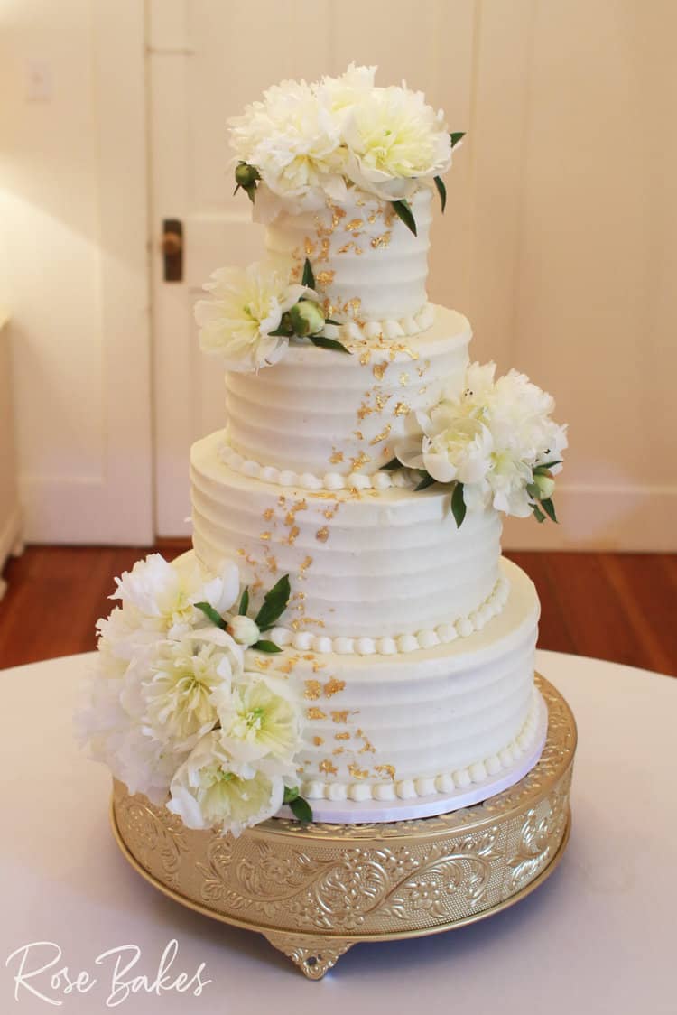 Buttercream Lines with Peonies and Gold Leaf Wedding Cake