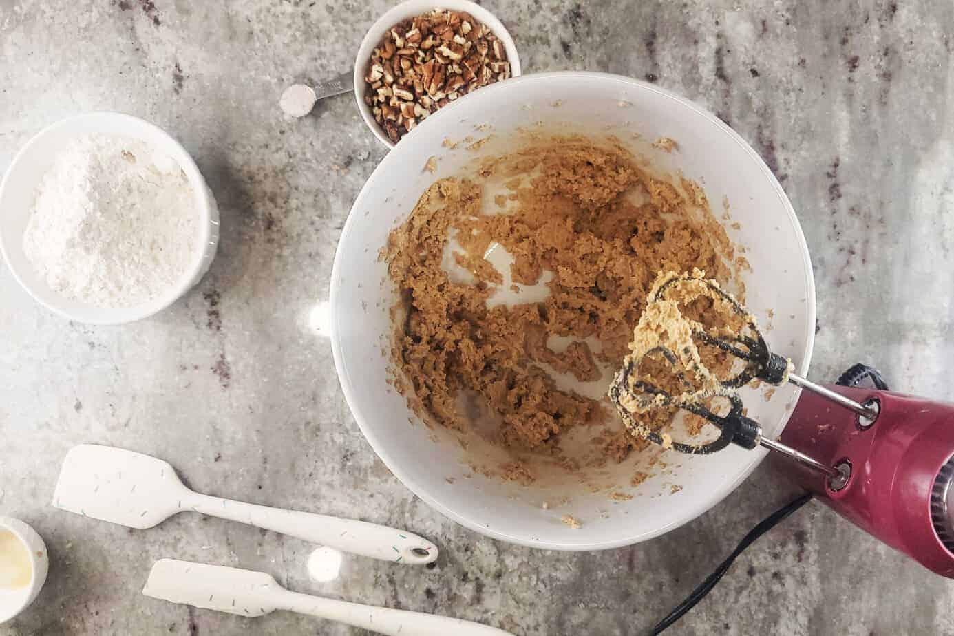 mixing ingredients for Pecan Praline Cookies 