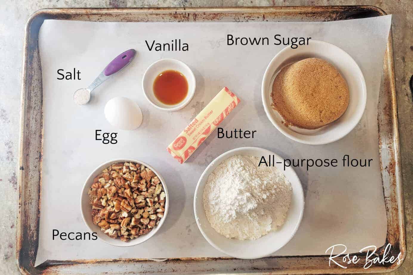 Pecan Praline Cookies ingredients on a cookie sheet