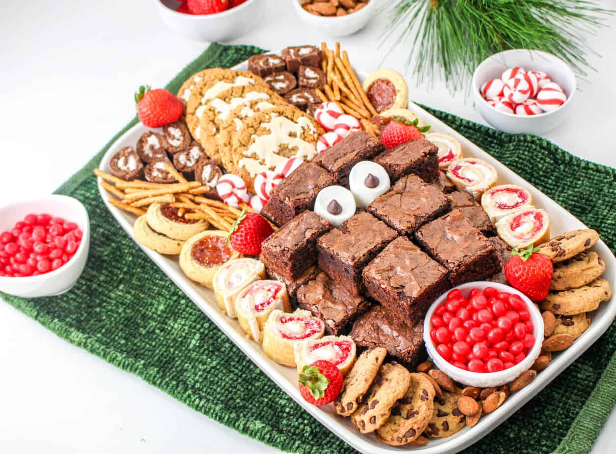Christmas Dessert Charcuterie Board shaped like Rudolph