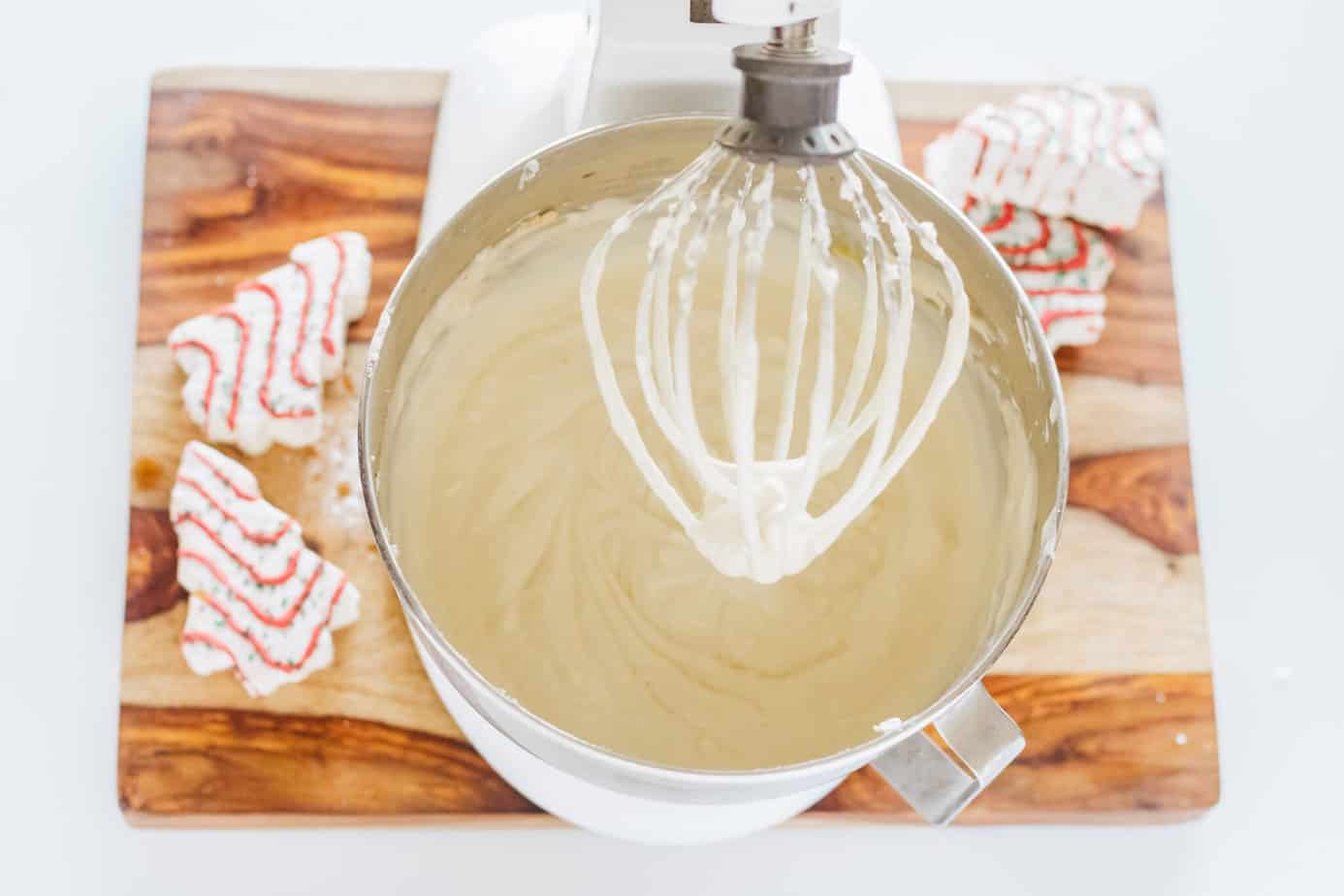 whipped cheesecake batter in a mixing bowl