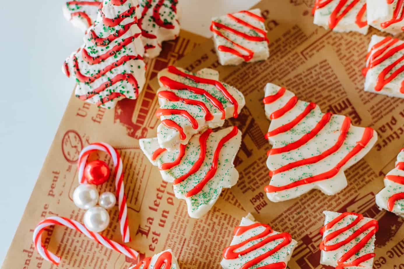 Little Debbie White Chocolate Christmas Fudge on newspaper