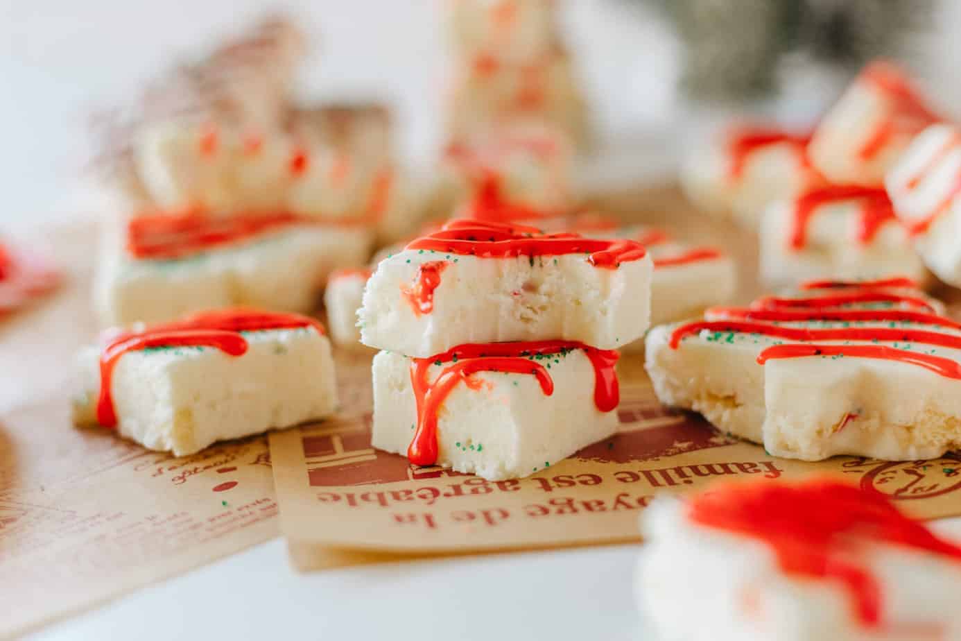 bite missing out of square of little debbie white chocolate christmas fudge