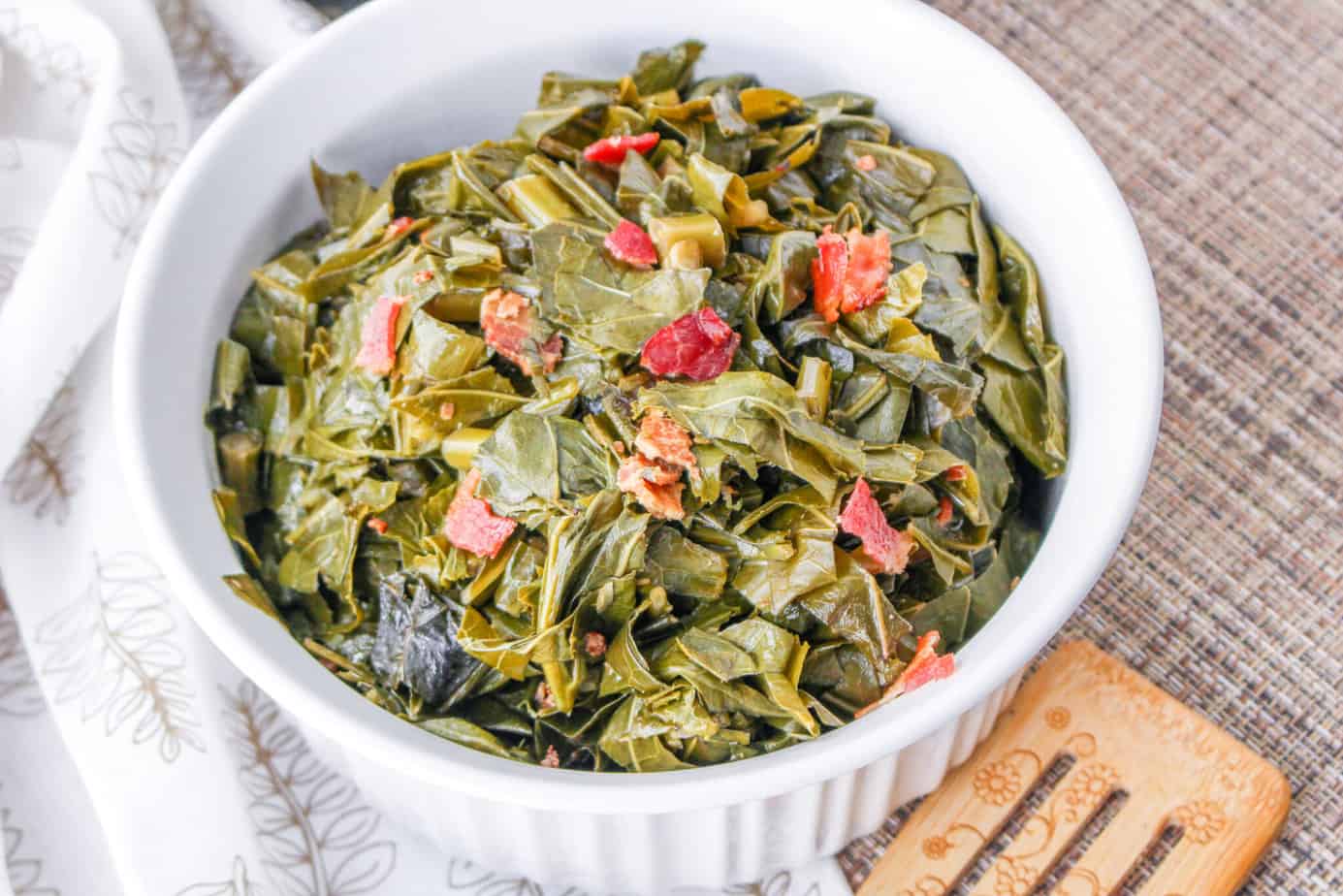 slow cooker collard greens in white bowl