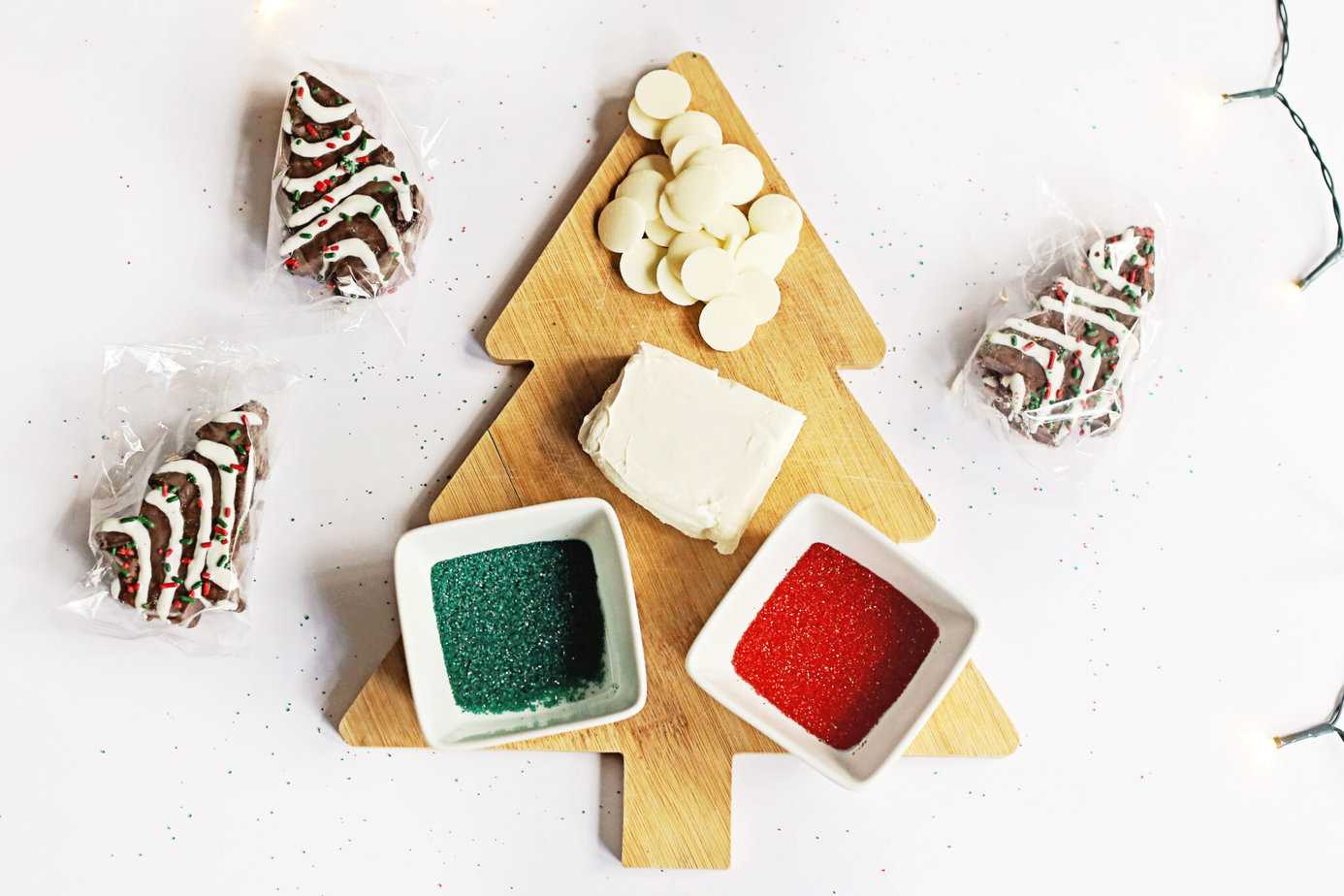 ingredients for Christmas Tree Cake Truffles stacked up with a box in the background