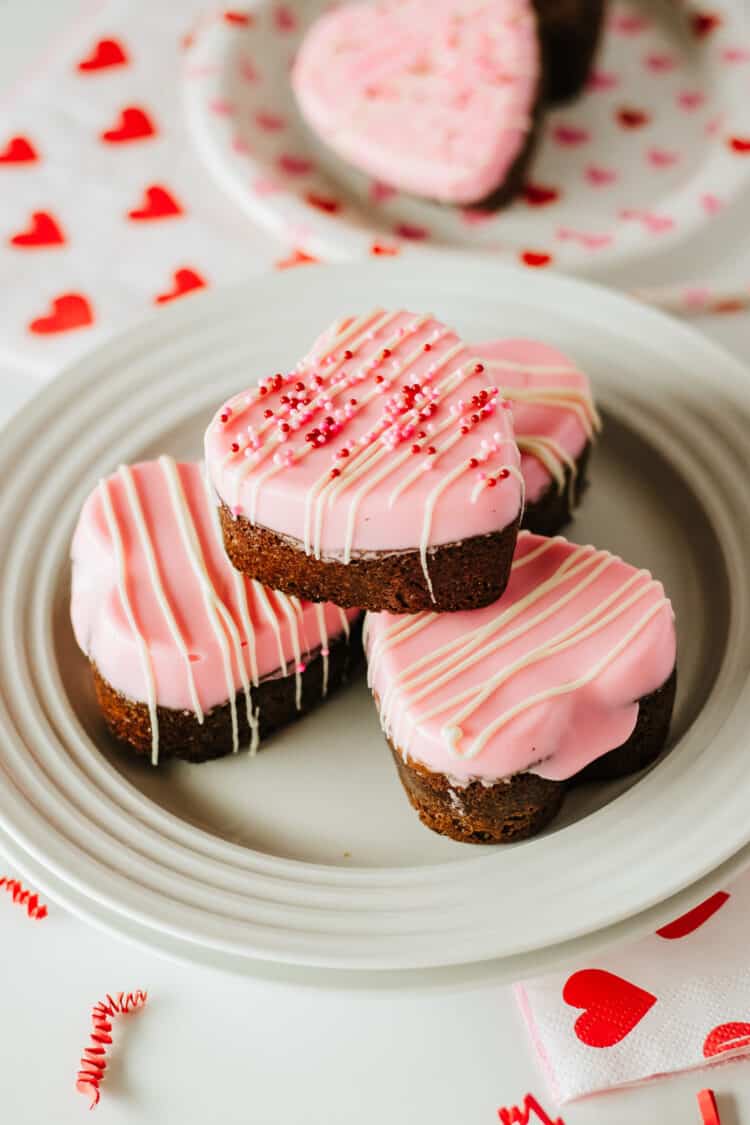 Perfect Heart Valentine's Day Brownies on a white plate with hearts