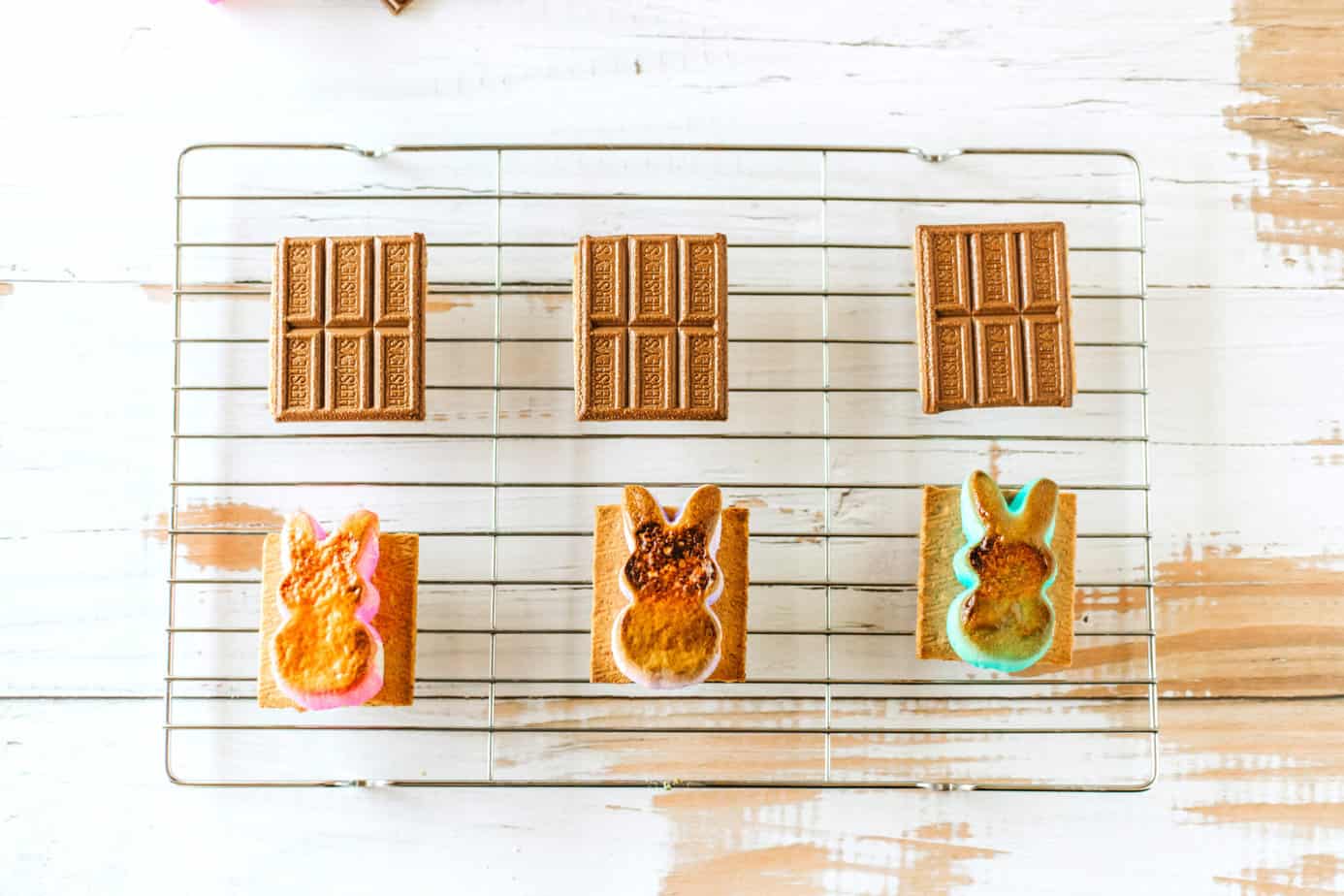 chocolate on graham crackers and toasted marshmallows on graham crackers all laying on a wire rack