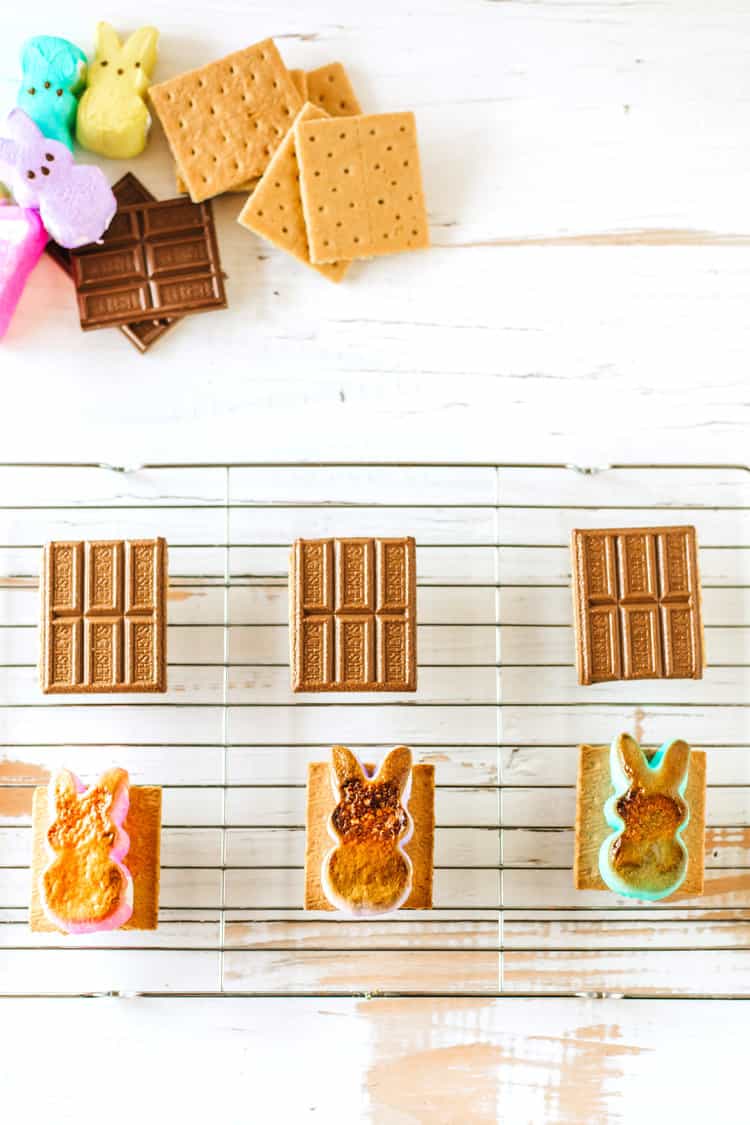 chocolate on graham crackers and toasted Peeps marshmallows on graham crackers all laying on a wire rack