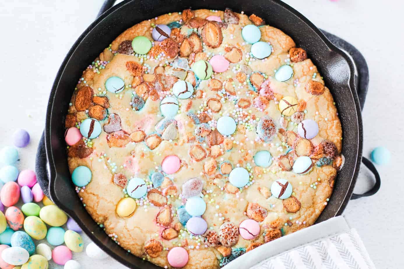 Easter Skillet Cookie with pastel candies from above