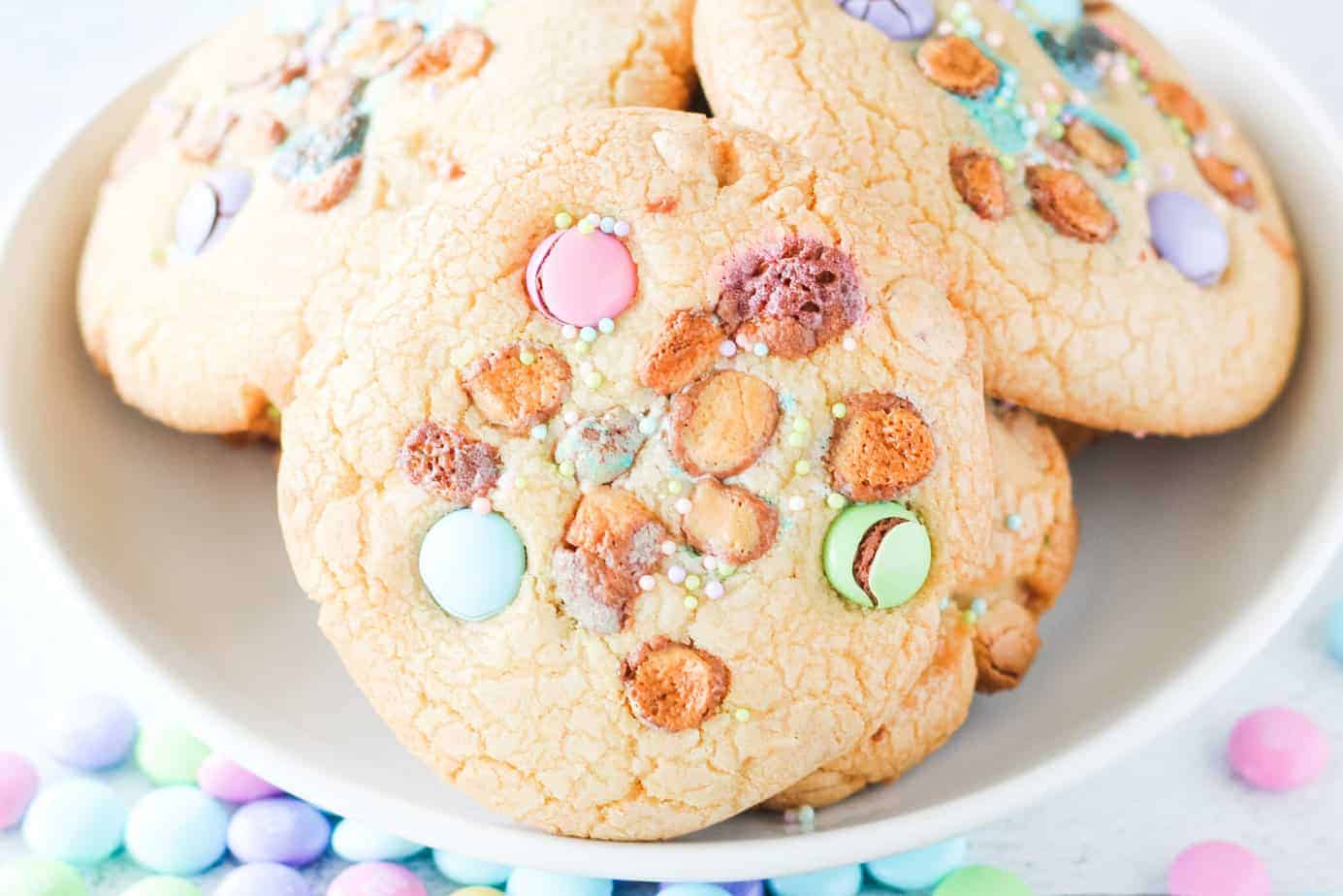 baked easter cookies with malted milk eggs, m&m's and sprinkles