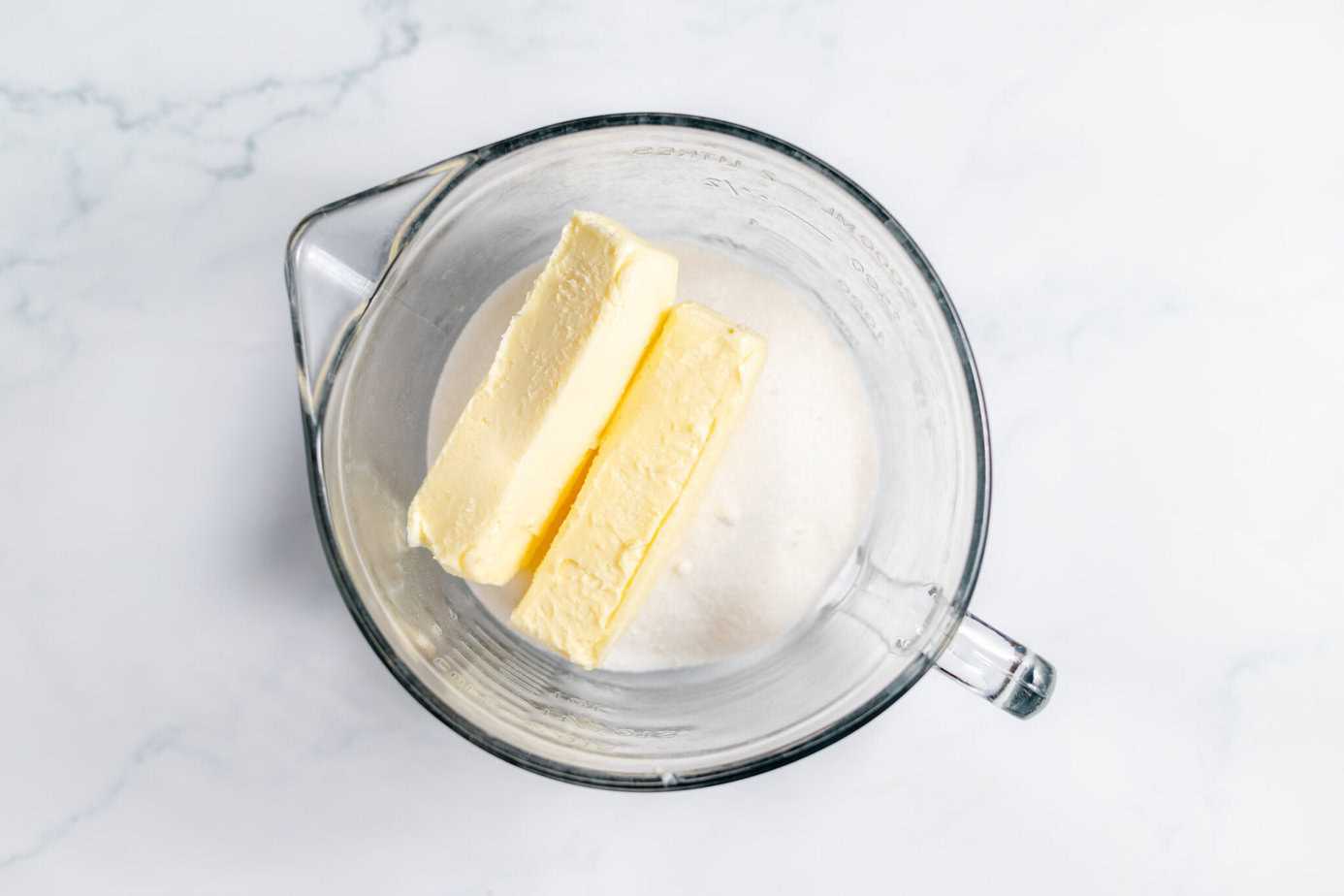 butter with dry ingredients in bowl