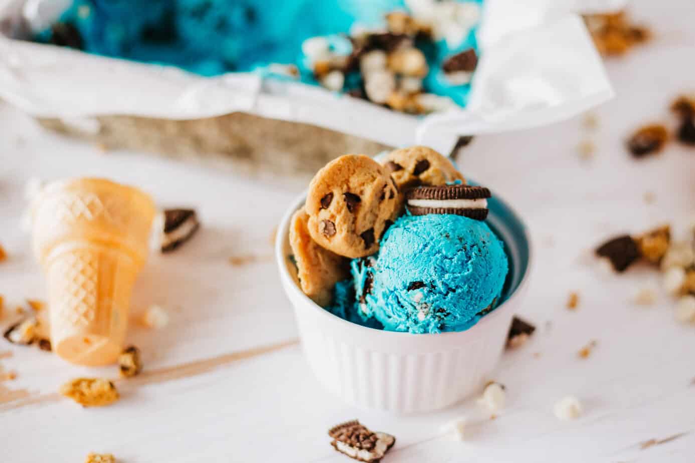 Homemade Cookie Monster Ice Cream in a white bowl