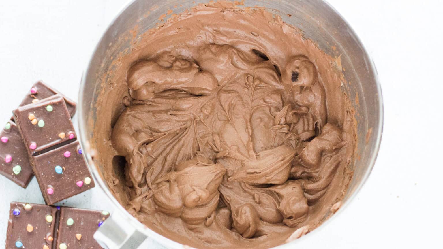chocolate brownie ice cream batter in mixer bowl
