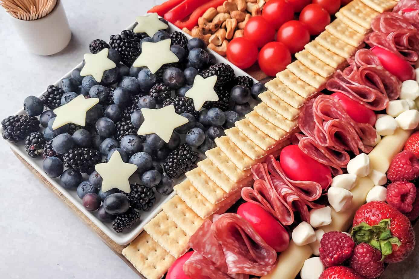 closeup of 4th of July Charcuterie Board that looks like an American Flag