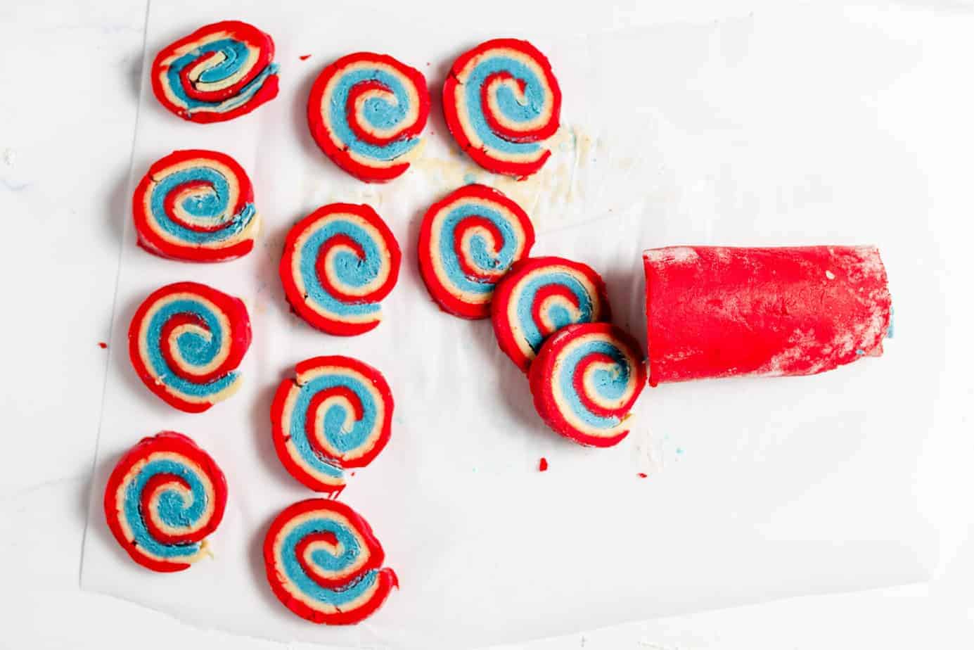 red white and blue pinwheel cookies cut into slices