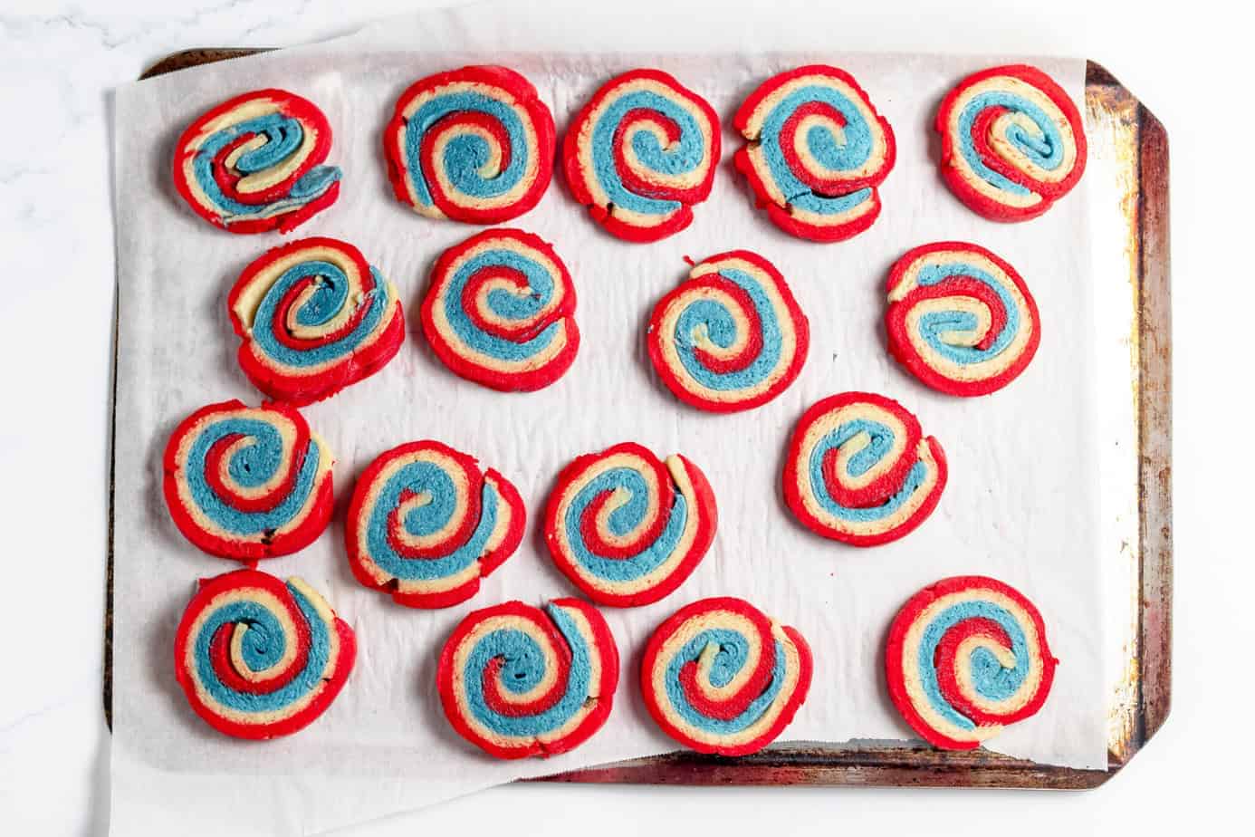 baked red white and blue pinwheel cookies
