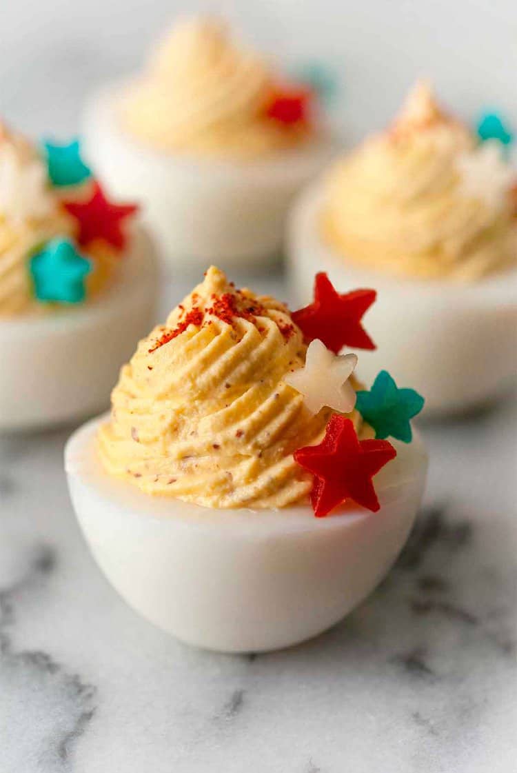 Deviled egg with American stars on it