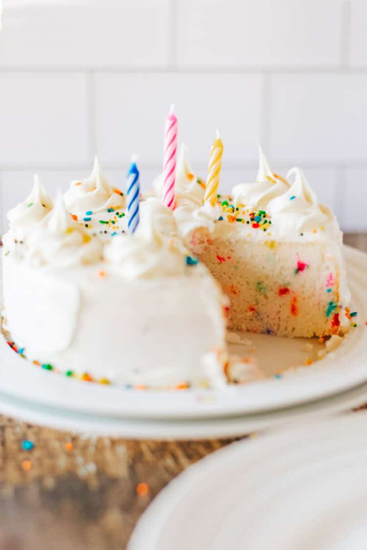 air fryer cake for a birthday party with sprinkles and a candle