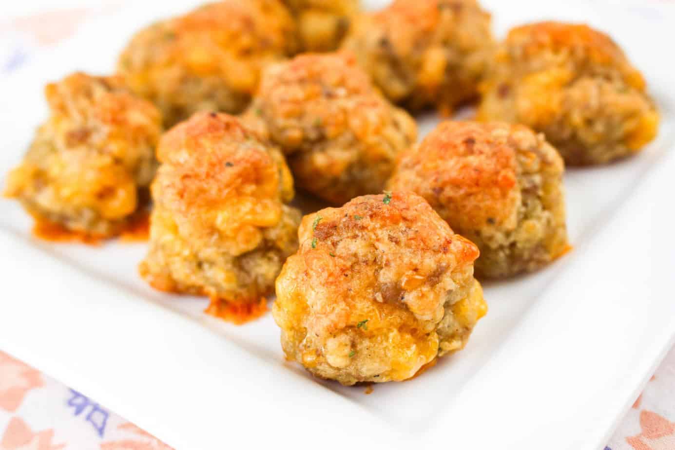 Sausage Balls with Cheddar Bay Biscuit Mix on a white plate