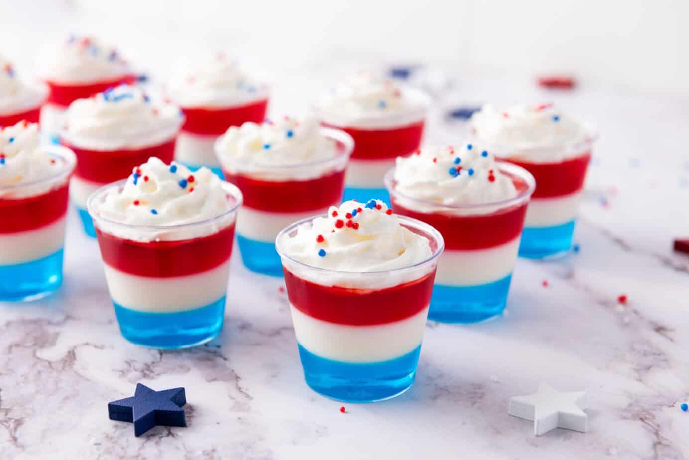 finished red white and blue jello shots
