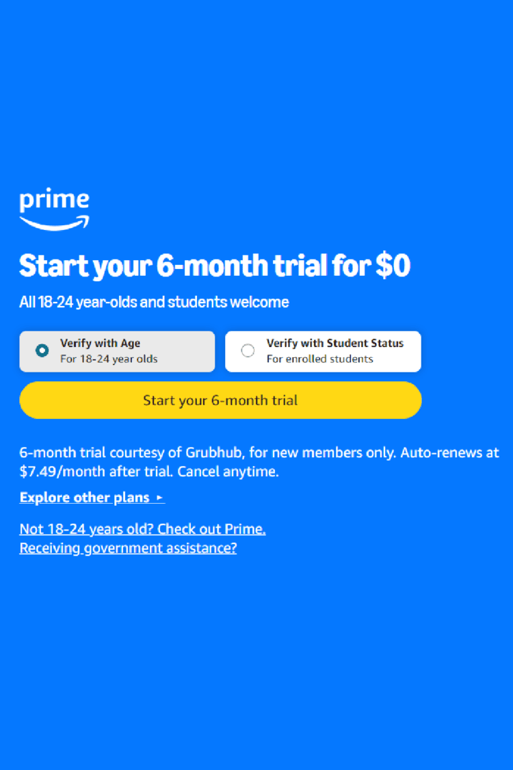 Free Amazon Prime for 18-24 year olds