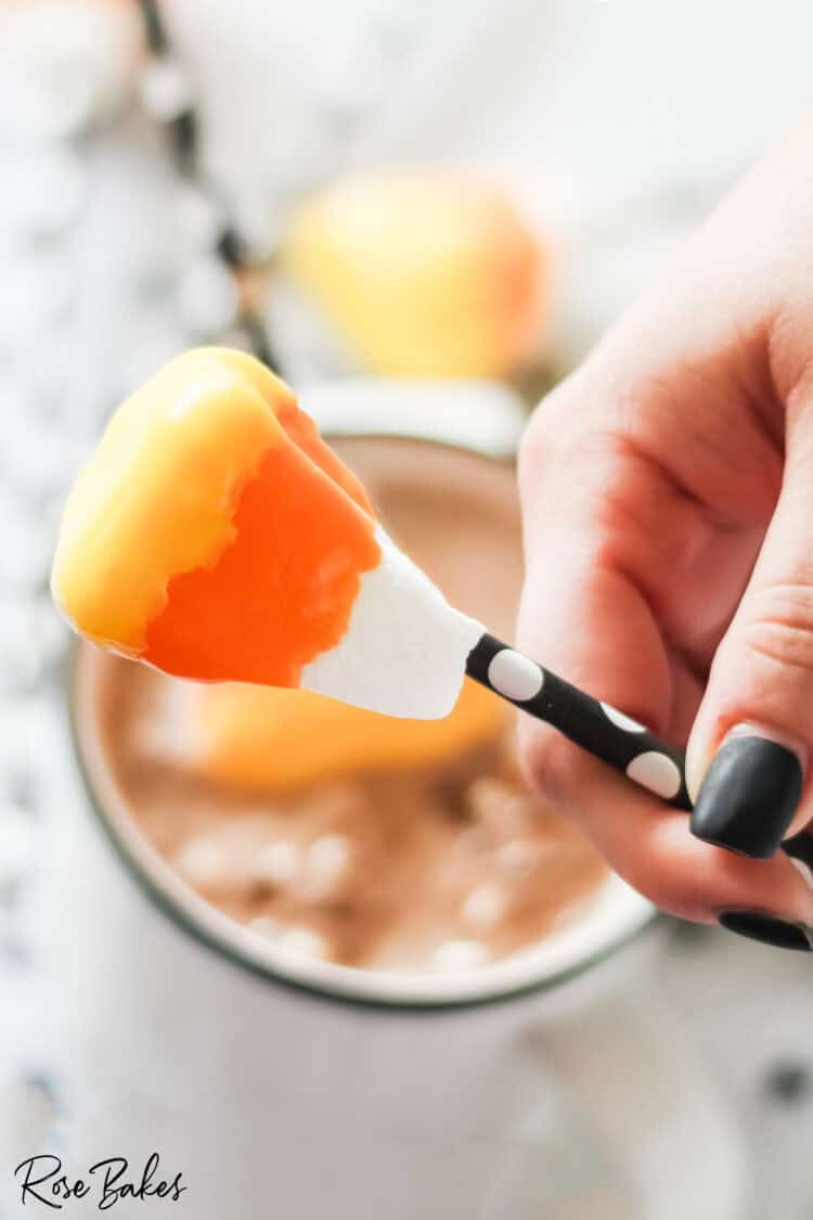 candy corn marshmallows on sticks for hot chocolate