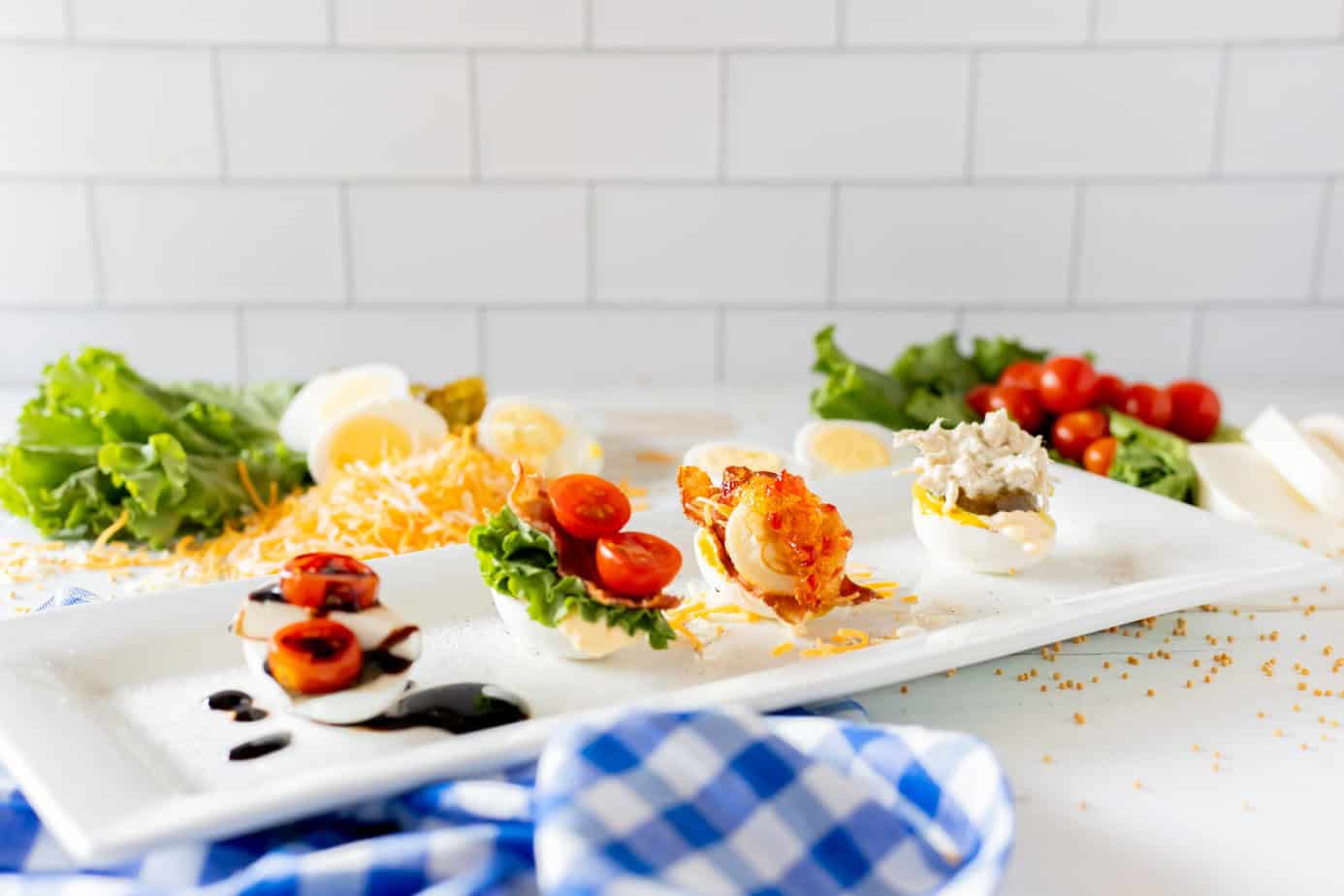 variety of egg flights on a rectangular platter
