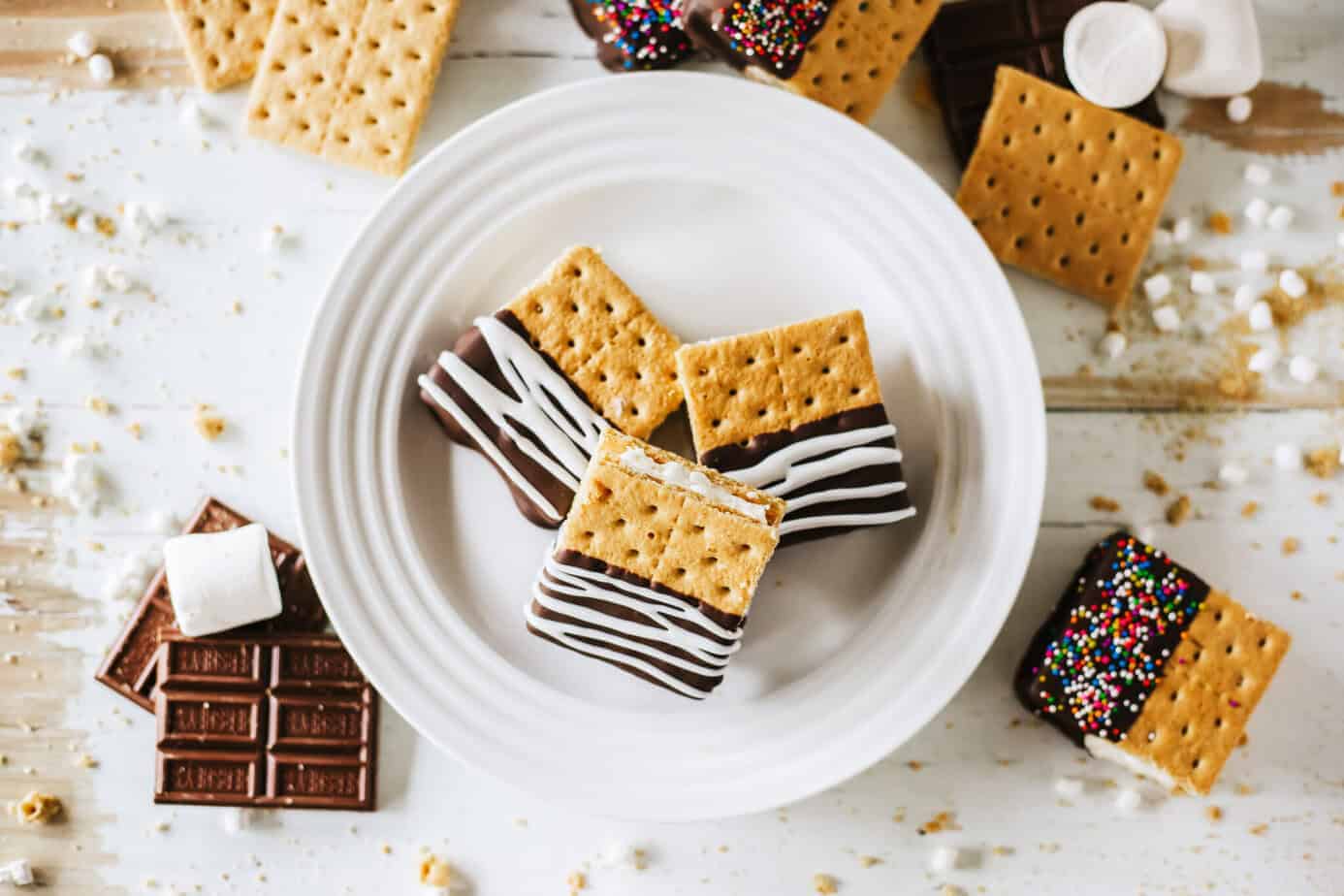 frozen smores on a white plate with ingredients scattered around