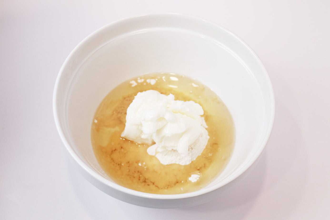 flour, oil and shortening in a white mixing bowl