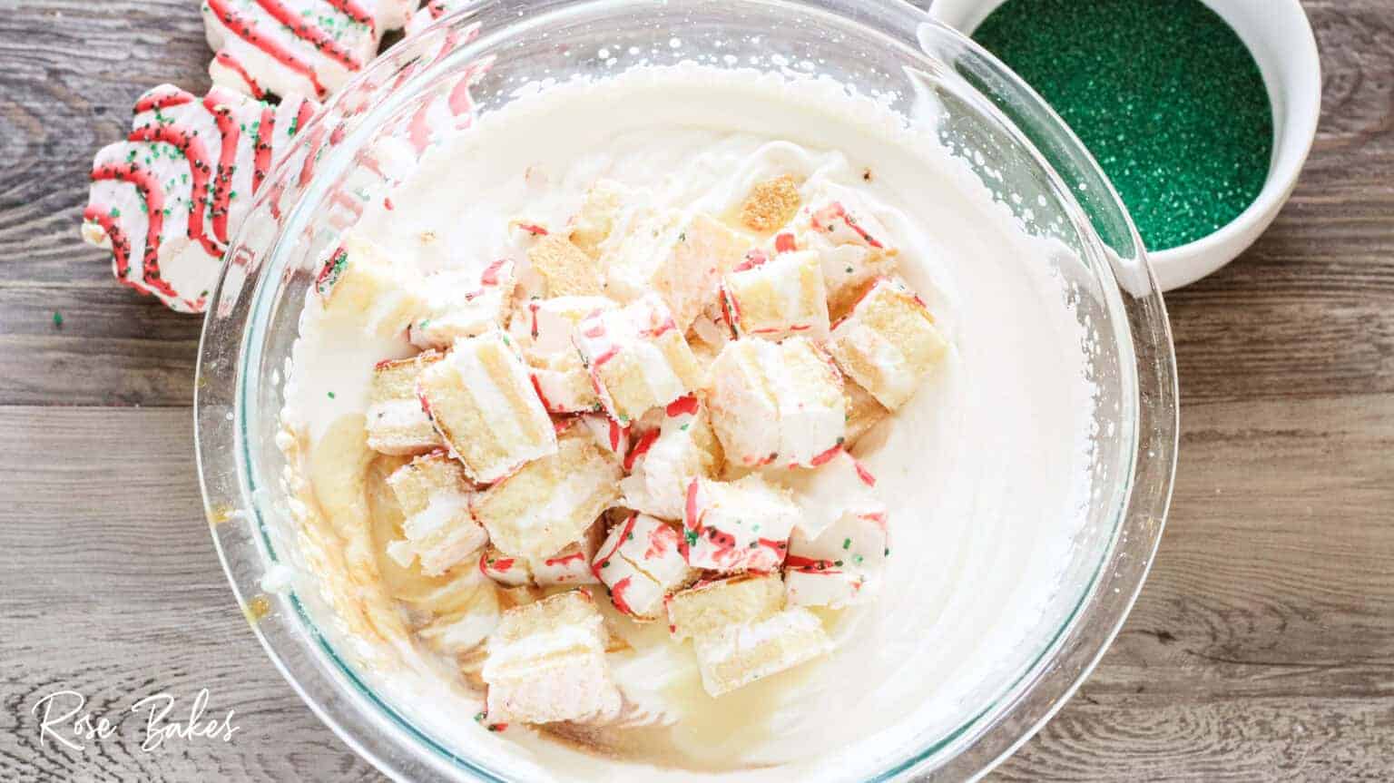 Little Debbie Christmas Tree Cakes Ice Cream ingredients in bowl before mixing