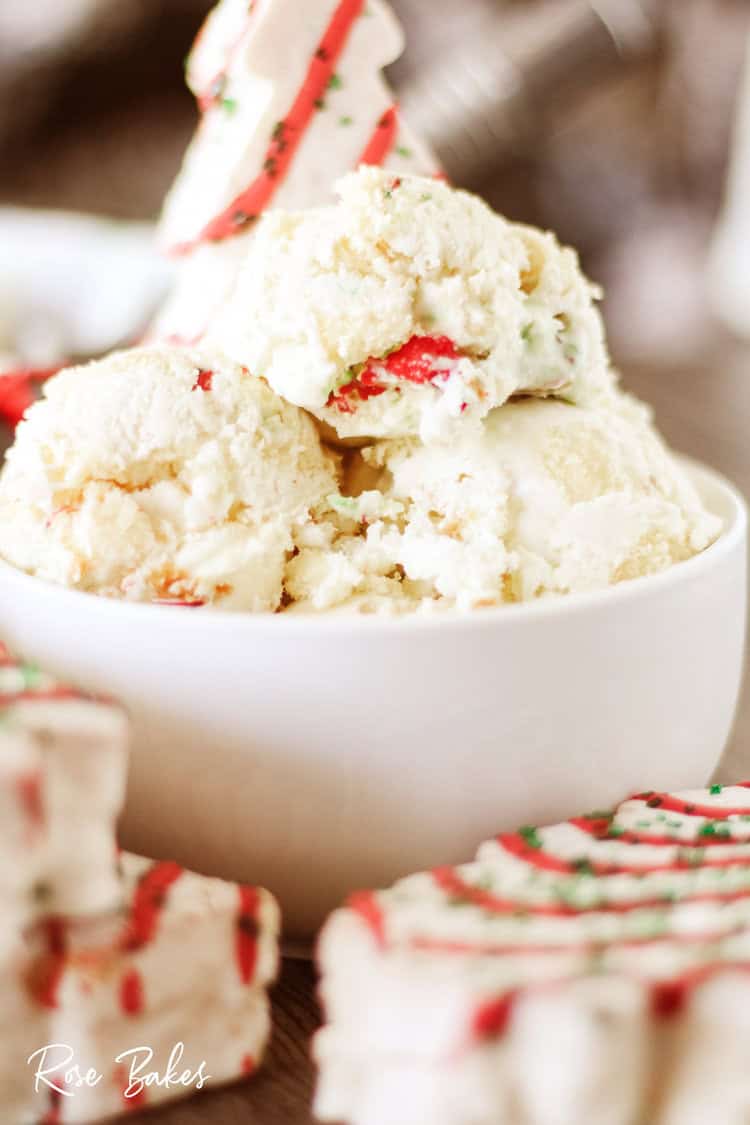 Little Debbie Christmas Tree Cake Ice Cream in white bowl