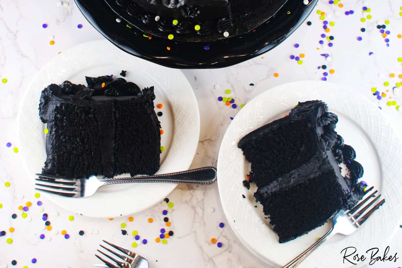 slices of black velvet cake for a Halloween Birthday Cake