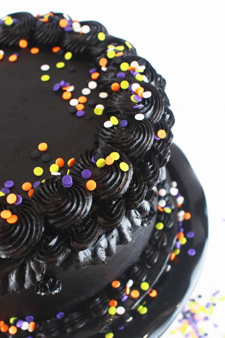 halloween birthday cake - a black velvet cake with black frosting and halloween sprinkles
