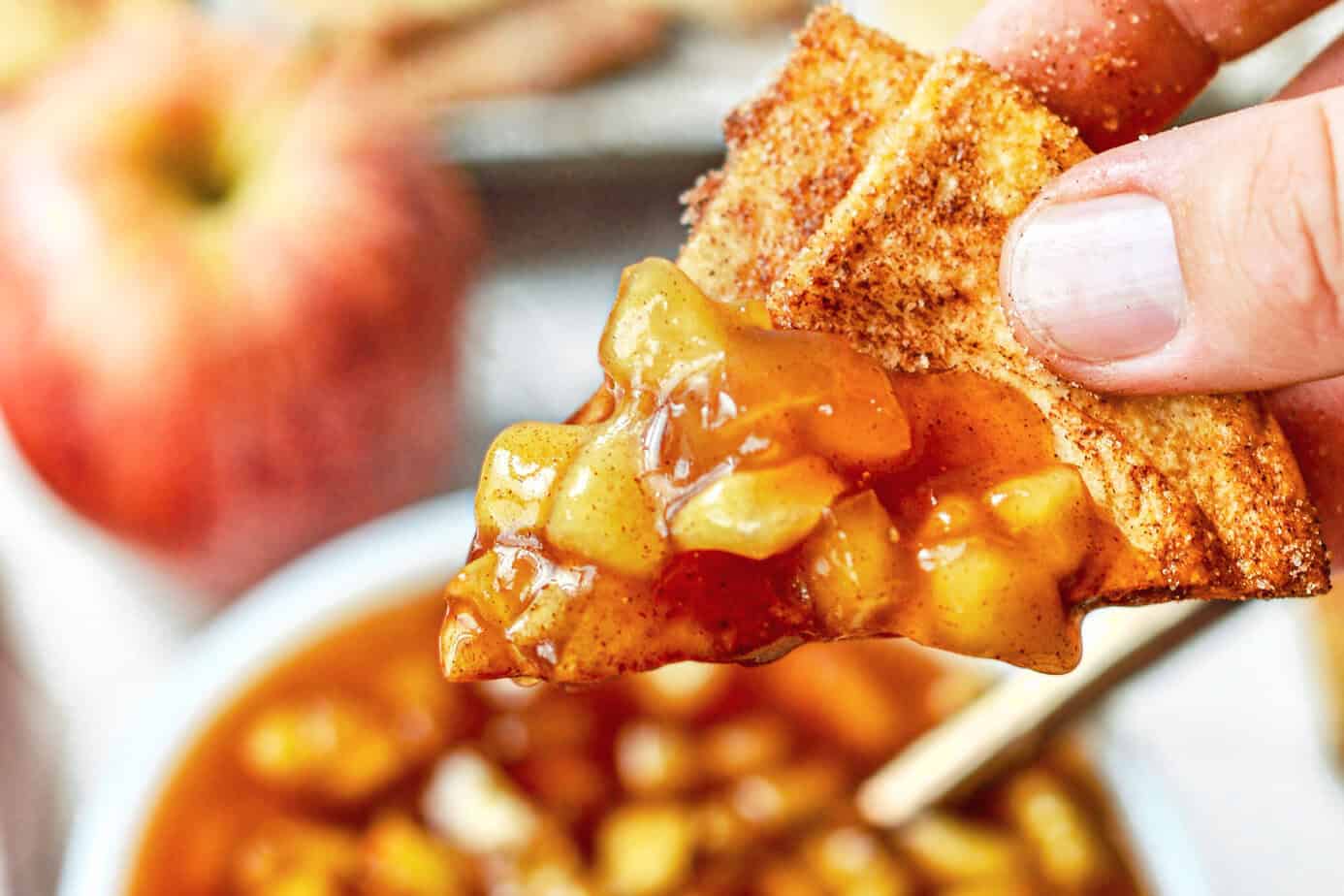 apple pie dip on a cinnamon sugar tortilla chip